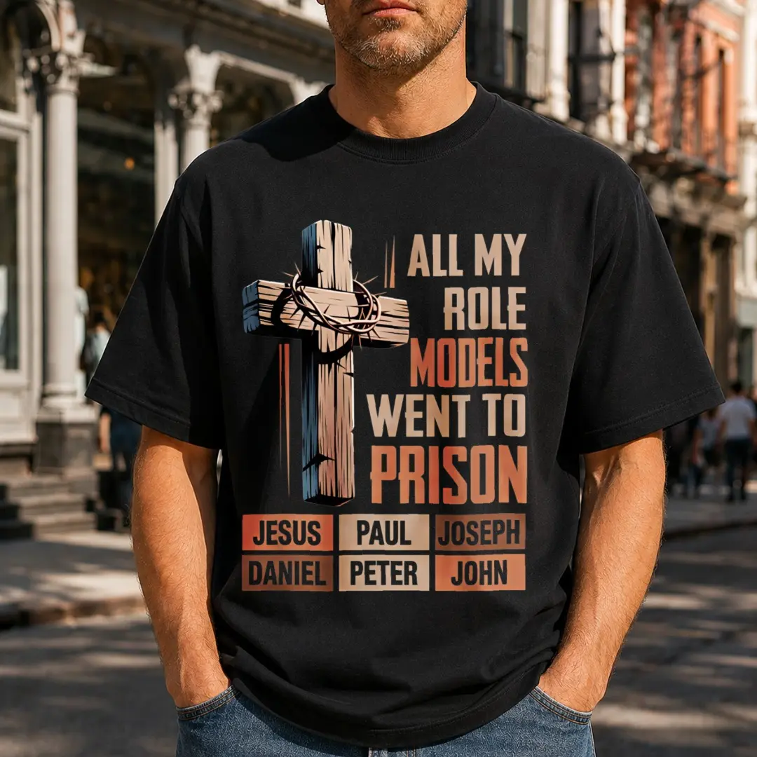 "All My Role Models Went To Prison" Bible Characters Cross Graphic T-Shirt for Men & Women - Vintage Christian Faith Tee, Soft Breathable Cotton Crew Neck Short Sleeve, All-Season Summer Spring Casual, Great Daily Wear & Faith Gift, Machine Washable