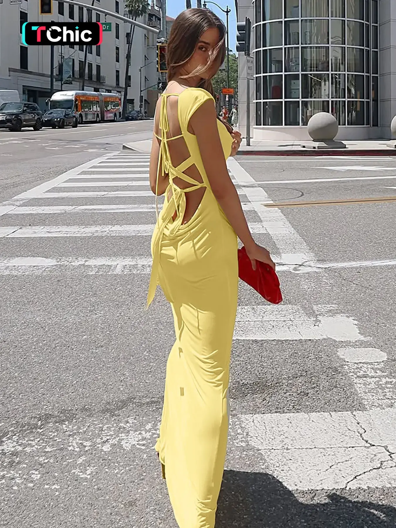 Hawthaw Women's Cowl Neck Tie-back Backless Short Sleeve Bodycon Dress with Lining, Solid Color Sexy Cut Out Sleeveless Lace-up Slim Fit Long Dress, Party Club Date Holiday Daily Casual Elegant Plain Dresses For Ladies All Seasons Summer Fashion Clothes