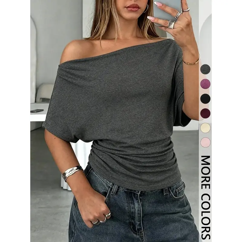 Women's Summer Plain Short-Sleeve Knit T-Shirt - Asymmetric Shoulder, Batwing-Sleeve, Loose Drop Shoulder, Basic Knit Fabric, Casual Daily Top
