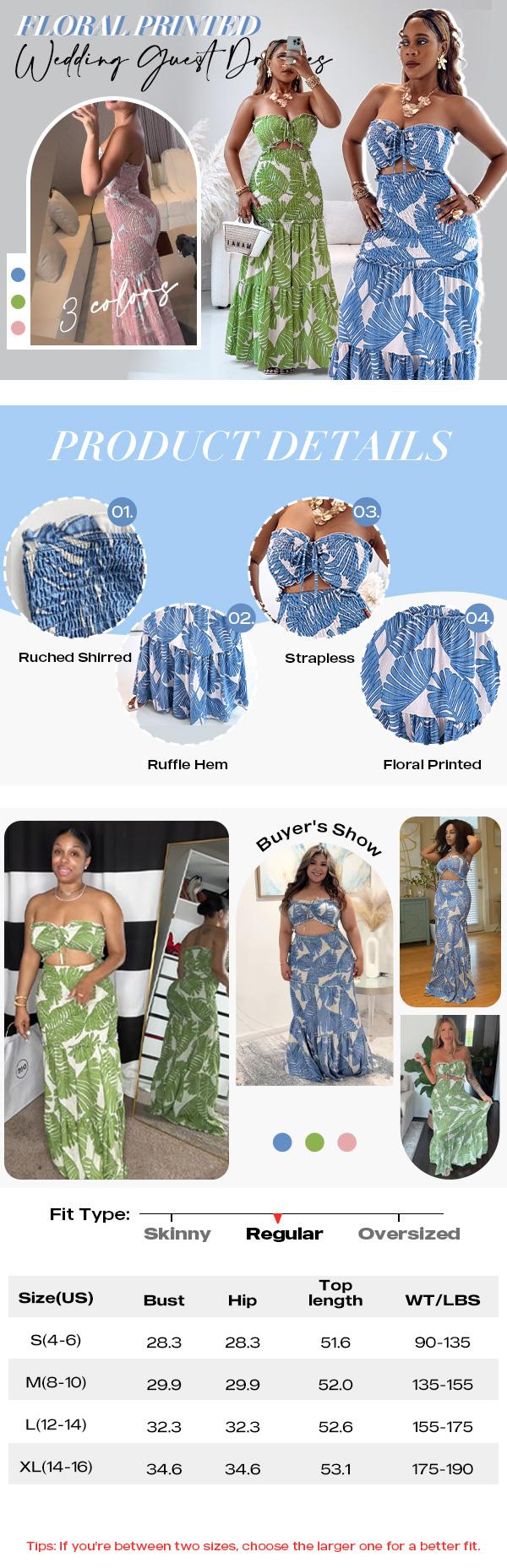 ChicMe Women's Tropical Floral Print Smocked Maxi Dress Ruched Bandeau Cutout Summer Vacation Dress Elegant Shirred Ruffle Hem Mermaid Beach Dress/Summer Dress/Seaside Vacation Sleeveless Skirt