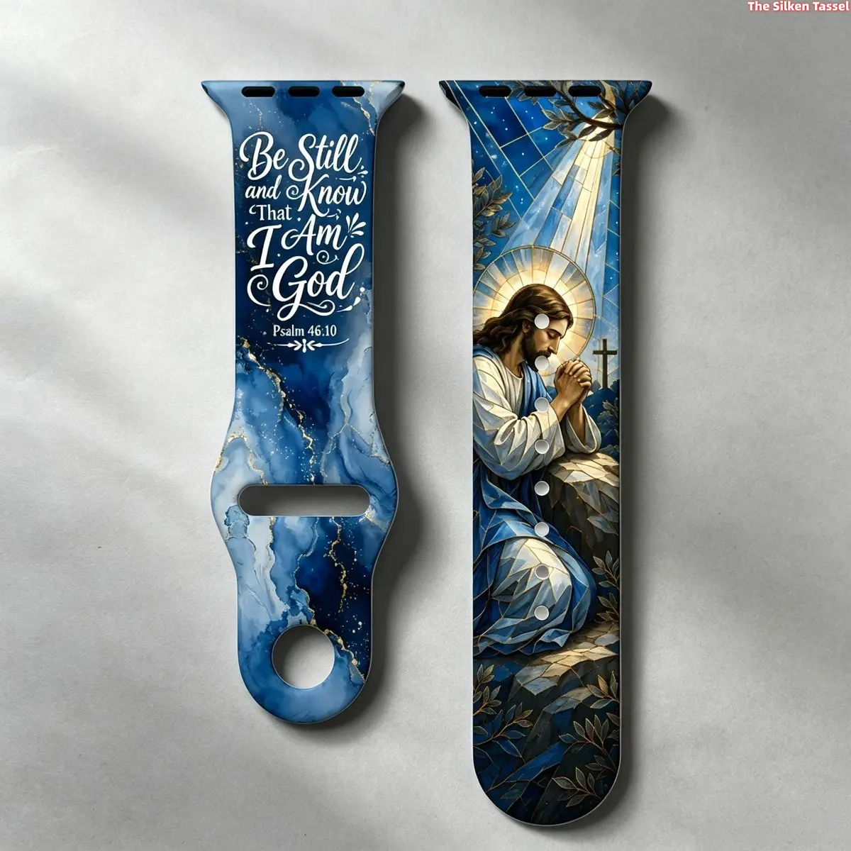 Christian Faith Double Side Printed Jesus Bible Verse Sport Silicone Watch Band Compatible With iWatch Stained Glass Praying Jesus & Psalm 46 Text Blue Gold Marble Pattern Religious Watch Gift Strap