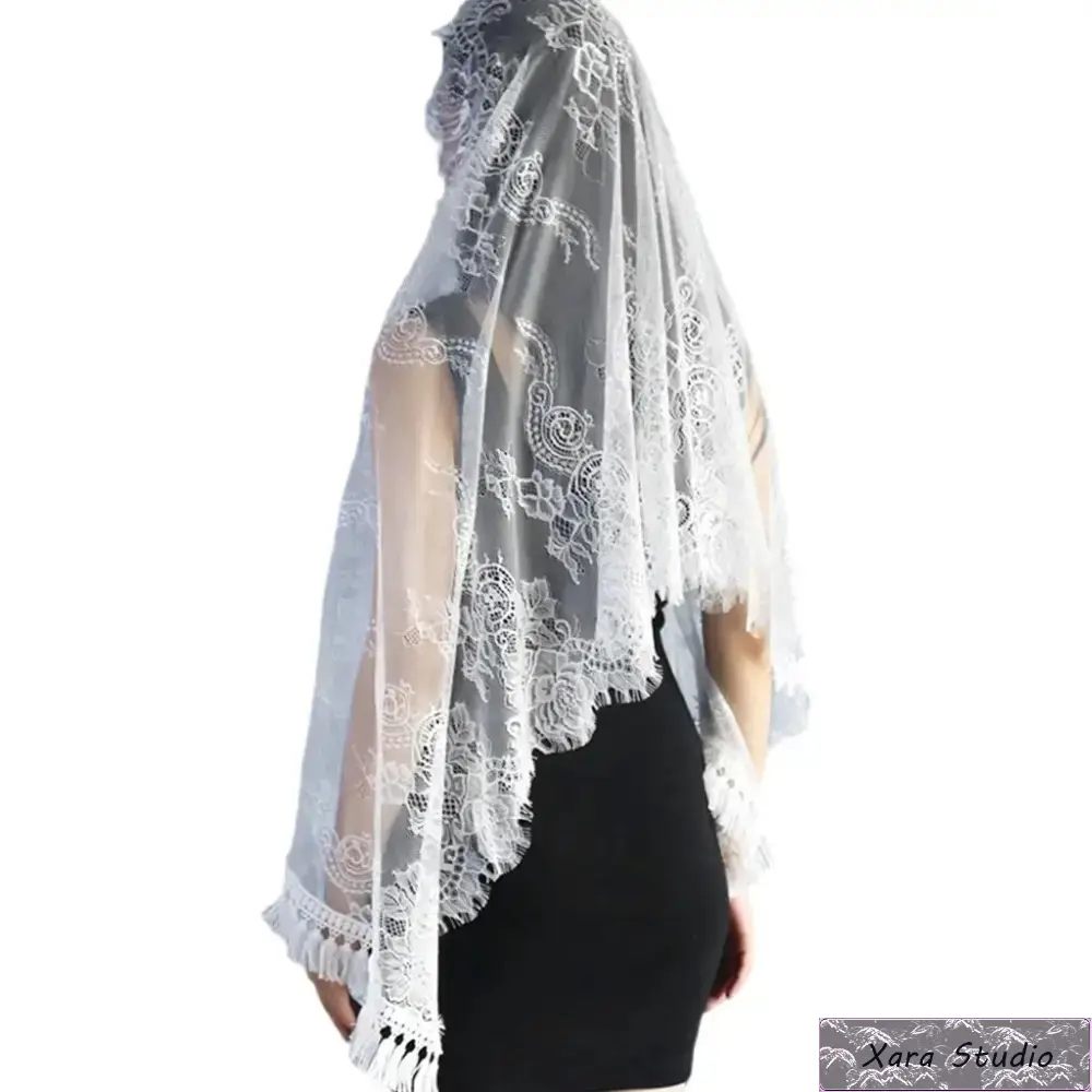 Spanish Mantilla Bridal Veil with Floral Chinlon Lace, Fringed Edges, and Sparkles - Elegant & Comfortable Wedding Accessory for Brides, Flower Fringe, 68X160cm, Elegant Accessory
