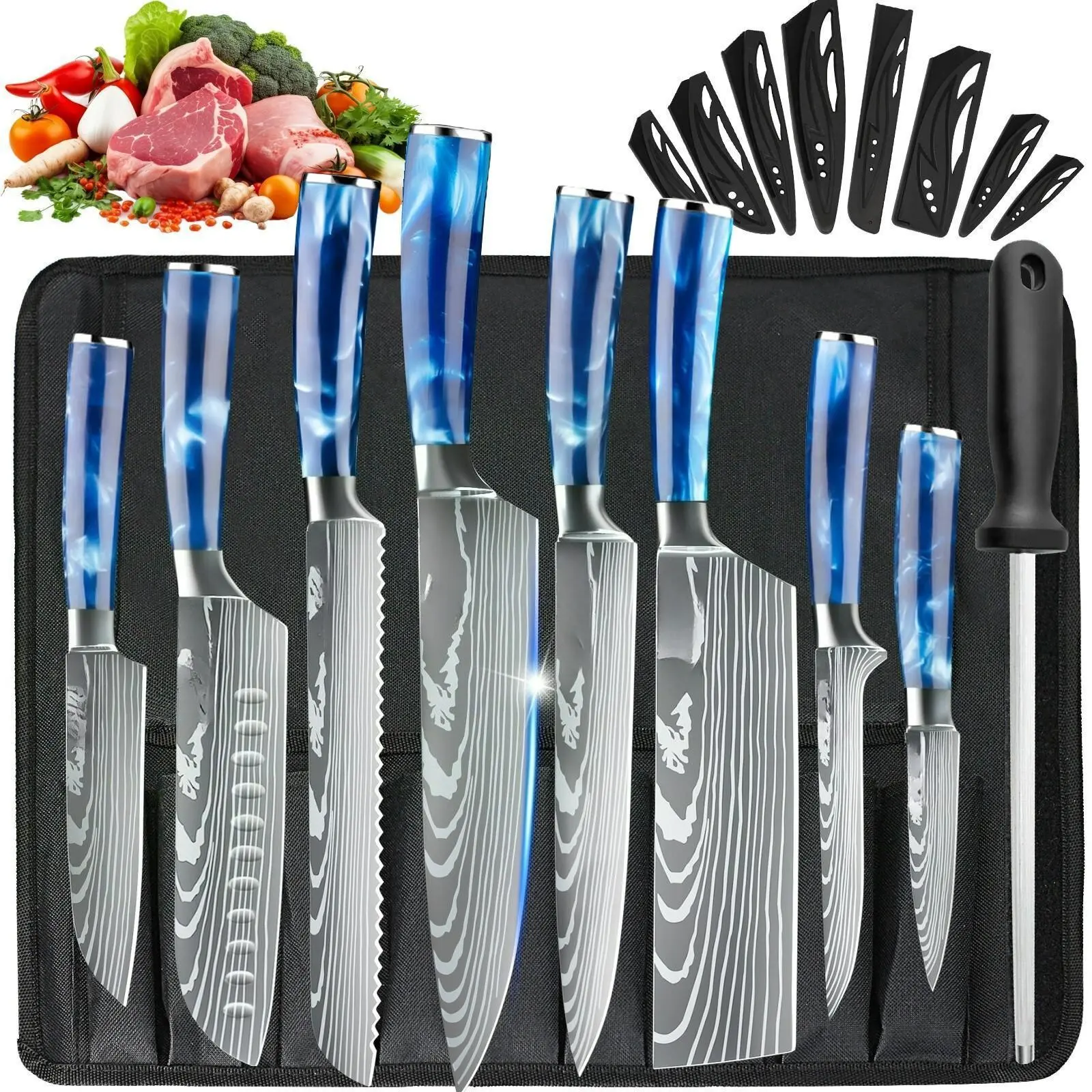 9PCS Kitchen Knife Set with Rolling Bag Blue Resin Handle Professional Chef, Santoku, Cleaver, Paring Knife for Meat Fruit Vegetable Multi-purpose Knife Ultra Sharp Stainless Steel for Home Cooking Outdoor Camping with Sharpening Rod#DealsForYouDays