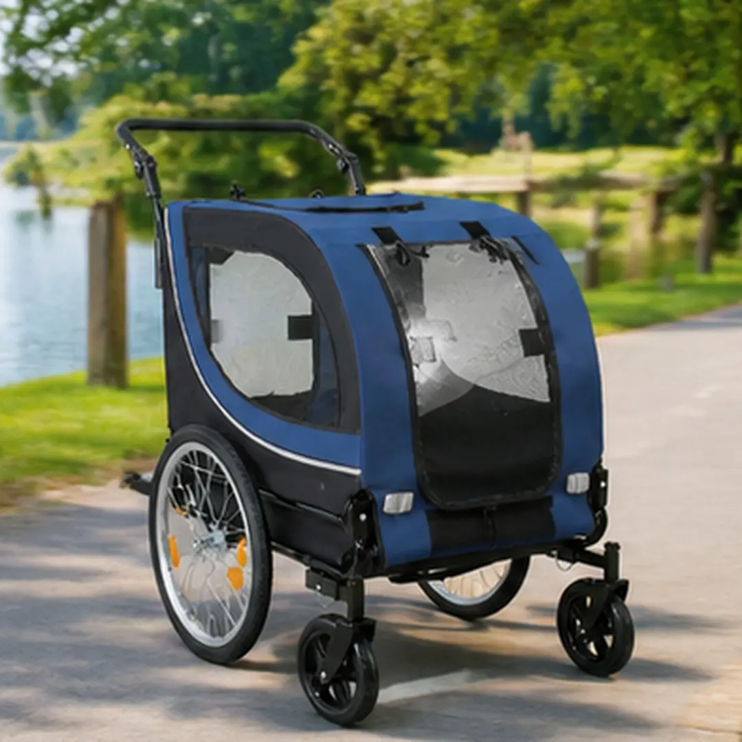 ARCH 2-in-1 Heavy-Duty Dog Bike Trailer & Pet Stroller for Dogs Up to 100lbs - Foldable Metal Frame Carrier Cart, 8in Front Caster, 20in Air-Filled Wheels, Zippered Breathable Mesh Fabric, PVC Rain Cover, Dark Blue for Biking/Jogging, 2-In-1 Conversion, C
