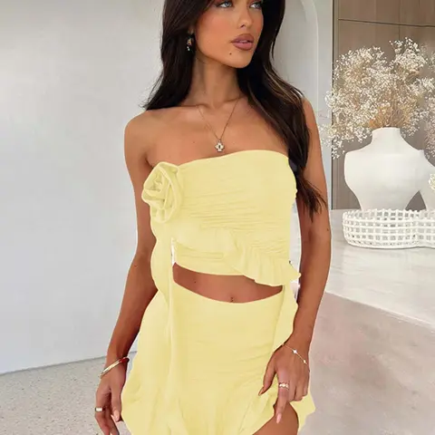 Women's Tube Top & Skirt Two-piece Set, Fashion Casual Strapless Top & Skirt for Daily Outdoor Wear, Ladies Clothes for All Seasons