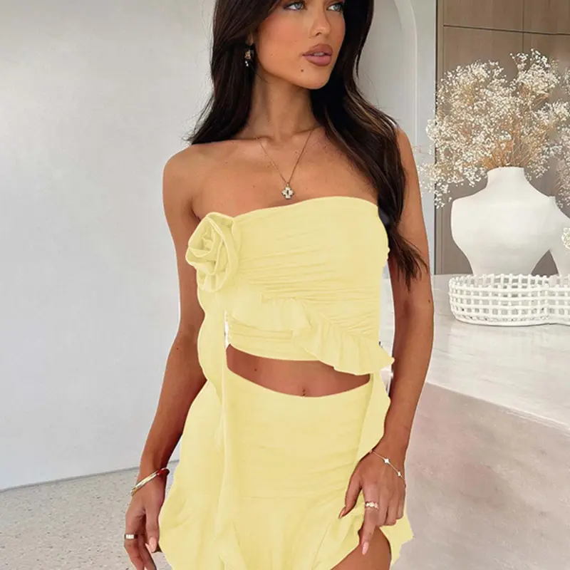 Women's Tube Top & Skirt Two-piece Set, Fashion Casual Strapless Top & Skirt for Daily Outdoor Wear, Ladies Clothes for All Seasons
