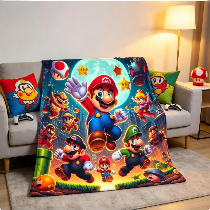 3D Super Mario Bros Cartoon Flannel Throw Blanket - Warm Soft Plush Children's Bedding Accessory, Travel-Sofa Cover, Ideal Gift for Game Cartoon Fans
