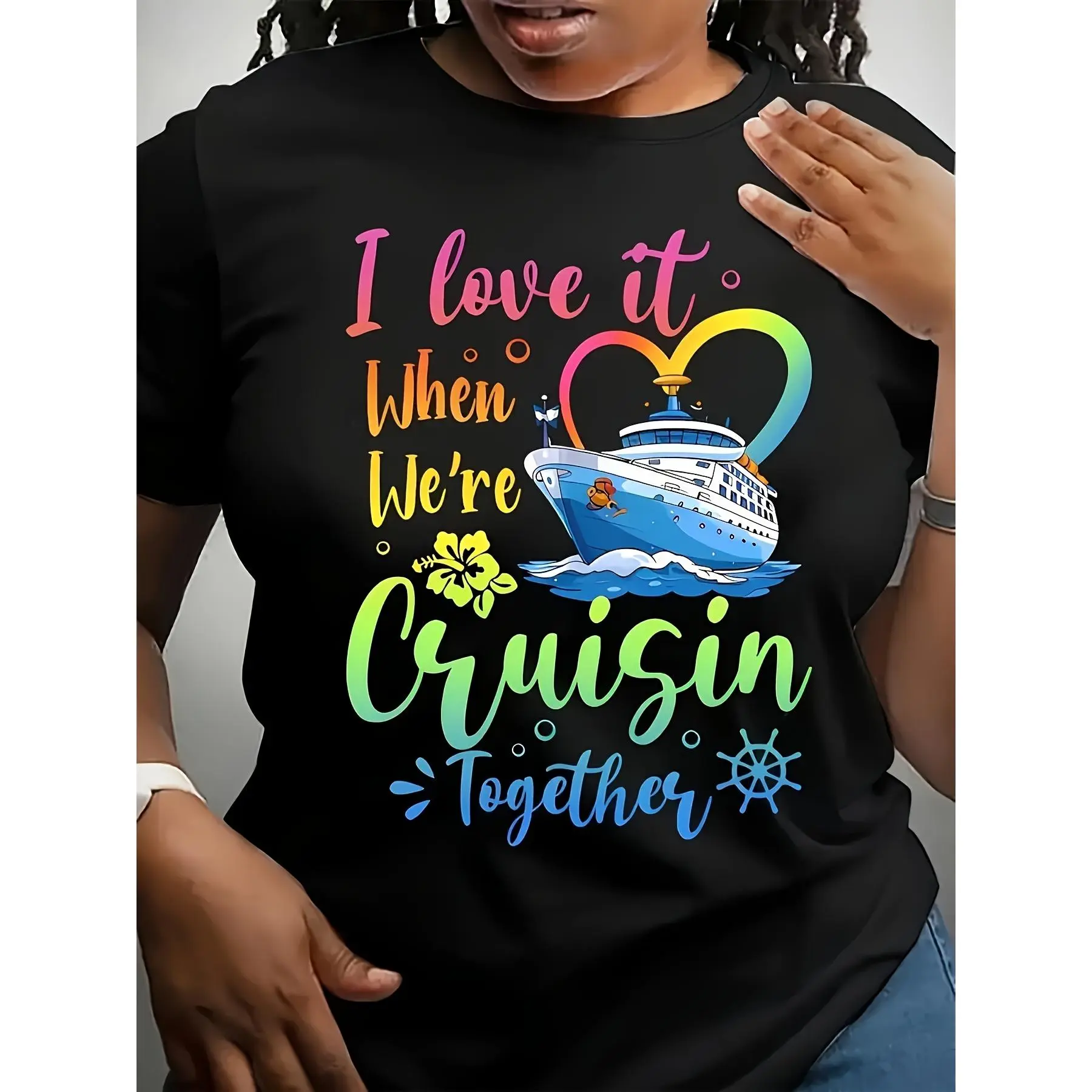 Cruise Vacation T-Shirt - I Was On Our Cruise Slogan & Cruise Ship & Heart Print, Short Sleeve Crew Neck Summer Top, Machine Washable Casual Blouse for Cruise OutfitsRetro Casual Short-sleeved T-shirt with a Round Neck and Printed Pattern