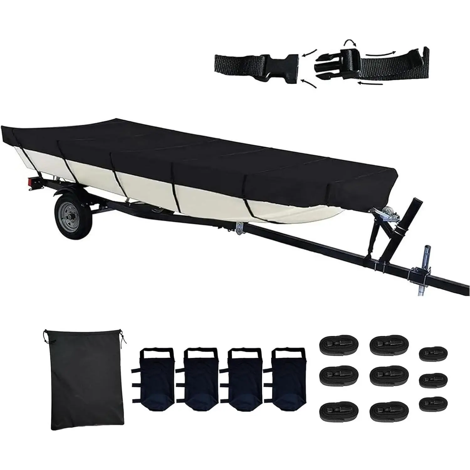 Upgraded Marine Grade Polyester Boat Cover, Heavy Duty Waterproof UV Resistant V-Hull Boat Cover with Double Stitching, High-Density Seams and Adjustable Side Straps, Boat Covers