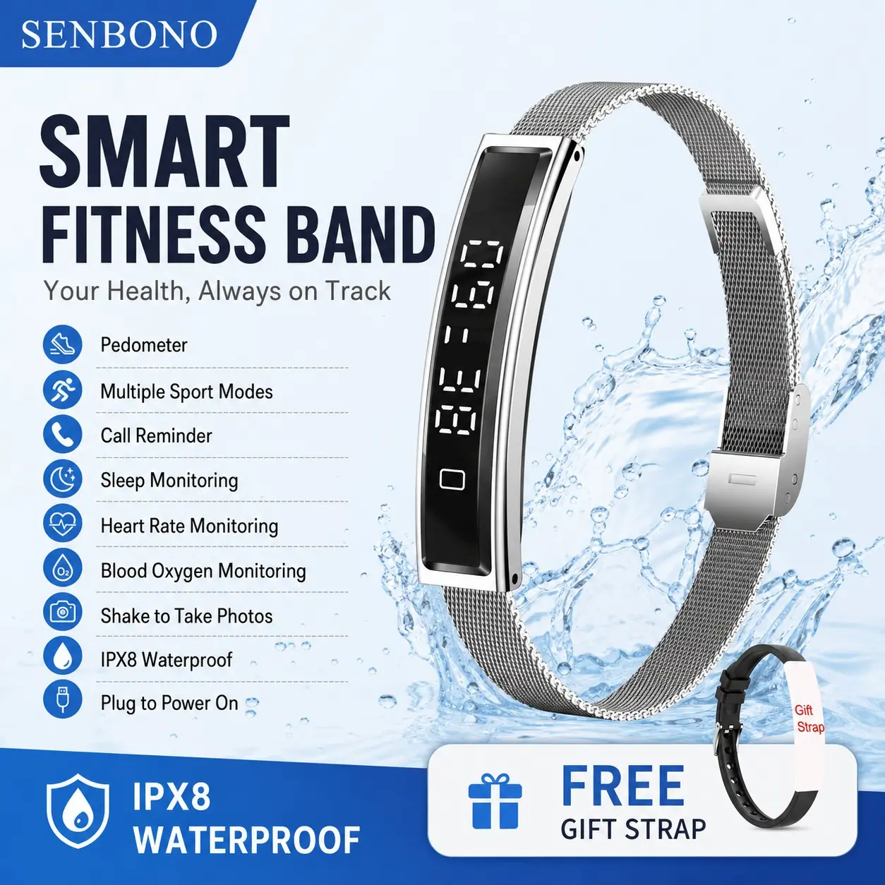 SENBONO Ultra-Thin Smartwatch, 5.6mm Zinc Alloy Body, Bluetooth-compatible Pairing, Heart Rate & Blood Oxygen Monitoring, Menstrual Cycle Reminder