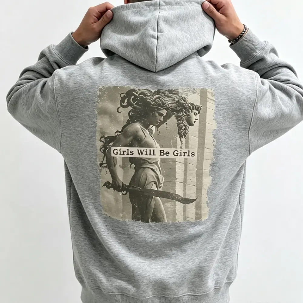 Girls Will Be Girls Hoodie Medusa Graphic Sweatshirt Greek Mythology Statue Vintage Aesthetic Hooded Tops Feminist Unisex Streetwear Casual Long Sleeve