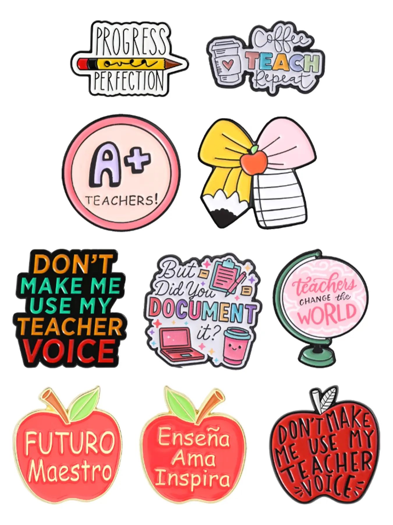 10pcs Bilingual Teacher Theme Enamel Pins, Spanish English Inspirational Brooches, Teacher's Day Decor Badges, Cartoon Globe Design