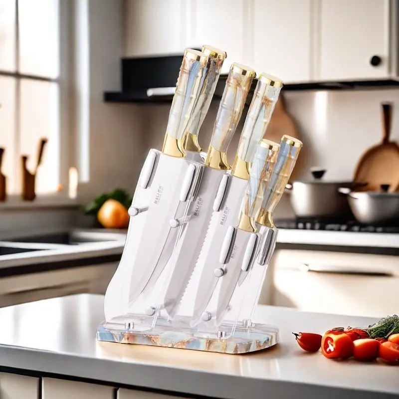 7-Piece Luxury Kitchen Knife Set with Block, Crystal White Marble Handle Stainless Steel Cutlery Set with Gold Accents, Cutting, Includes Chef Knife, Bread Knife, Carving Knife, Utility Knife, Slicing Knife & Paring Knife, Knife Set for Home Kitchen