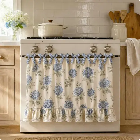 Farmhouse Rustic Cotton-Blend Oven Door Appliance Cover - Floral Print, Handmade-Look Tiered Valance, Camping Camper RV Kitchen Range Stove Decor, Tiered Valence