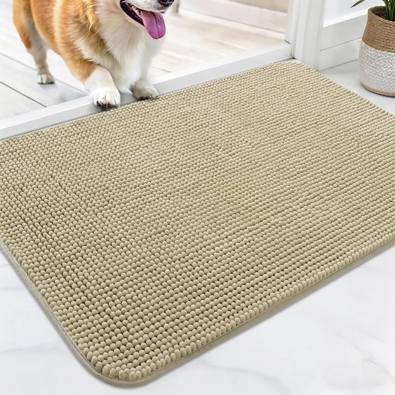 Door Mat for Muddy Paws 32x20, Ultra Absorbent Chenille Mud Doormat, Non-Slip Washable and Dirt Trapping Indoor Doormat for Entryway, Quick-Dry Front Door Mat for Indoor Dogs, Beige