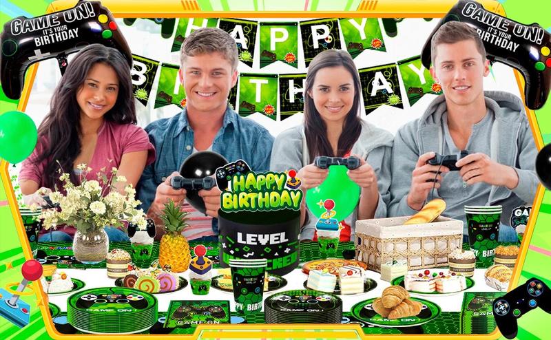 Video Game Birthday Party Decorations for Boys,132pcs Birthday Decorations&Tableware Set-Plates Cups Napkins Tablecloth Balloons