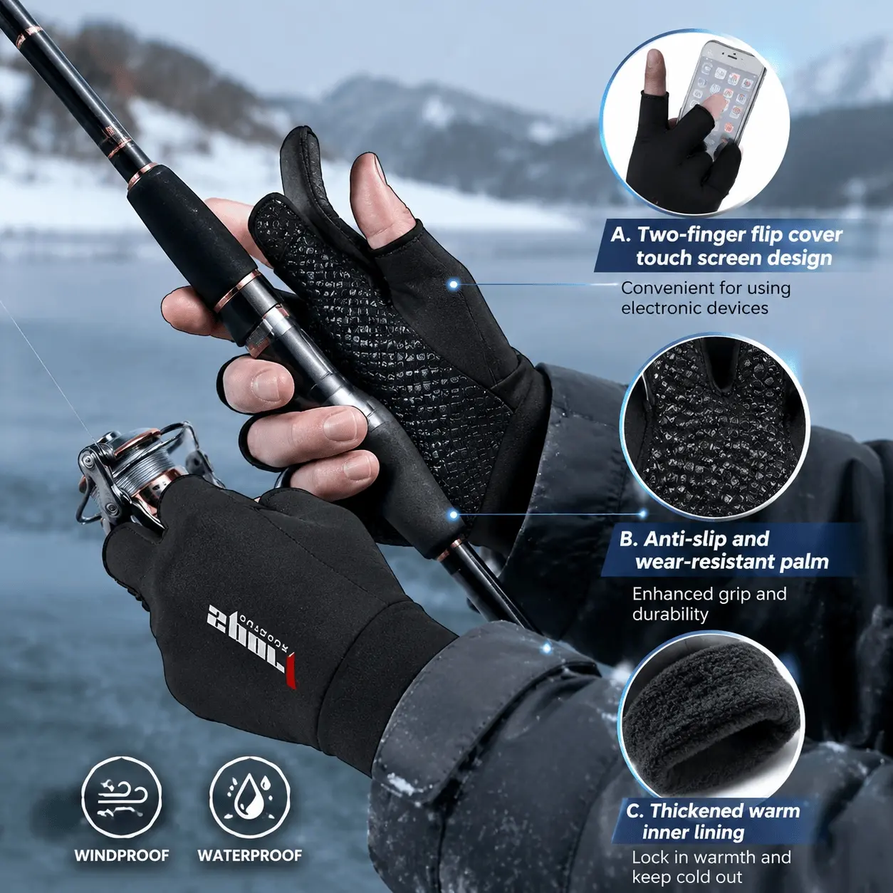 Touchscreen Fishing Gloves, Winter Waterproof Windproof Sun Protection with Anti-Slip Grip & Thick Liner, Flip-Cap Index Finger Design for Fishing Cycling Outdoor Sports, Unisex Touchscreen Gloves