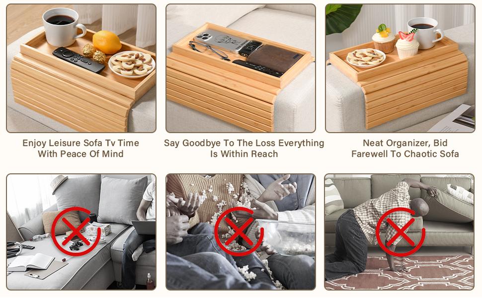 Bamboo Sofa Arm Tray, Anti-Dropping Couch Arm Tray, Foldable Sofa Armrest Tray Couch Arm Table for Eats, Drinks, Snacks, Remote, Cellphone, Cup Holder, Back Anti-Slip Pad
