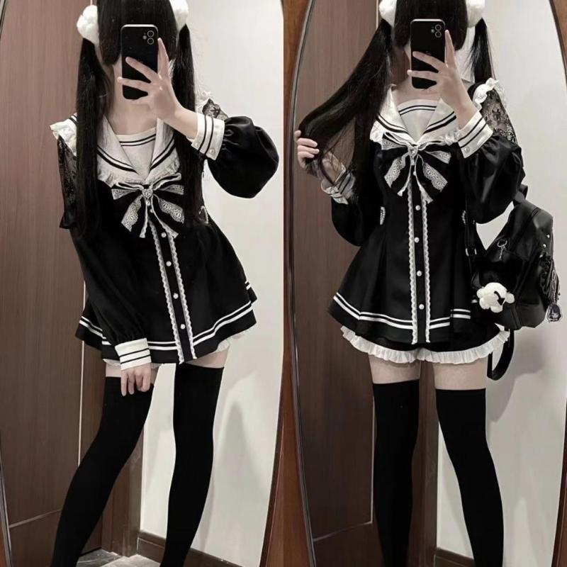 Jirai Kei Sailor Black Dress Lace Patchwork Slim Fit Dresses Japanese Sweet Inner Shorts Set JK School Uniform for Women Girls