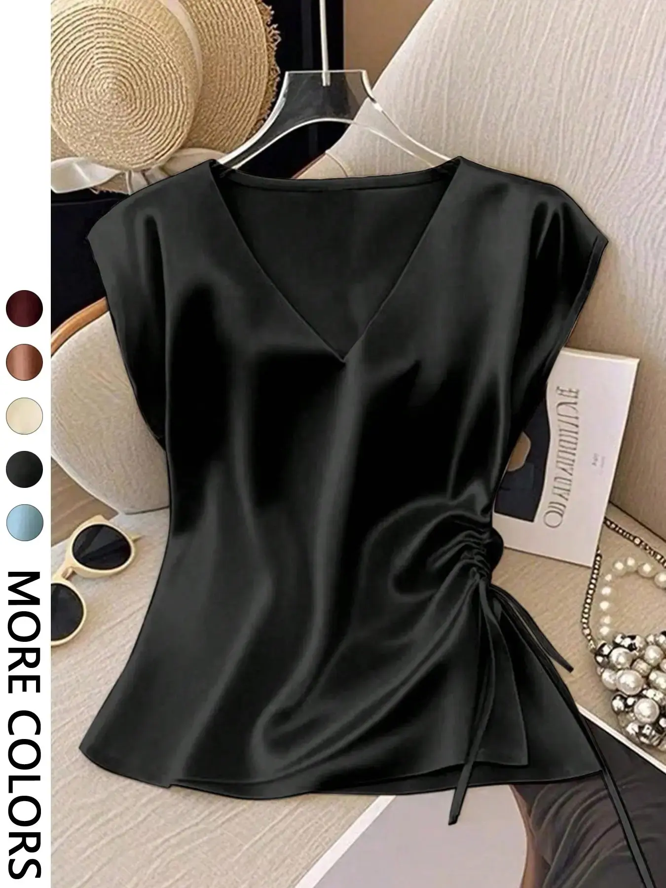 Women's Elegant Simple Solid Color V-Neck Batwing Drawstring Side Ruched Satin Blouse, Summer Wear