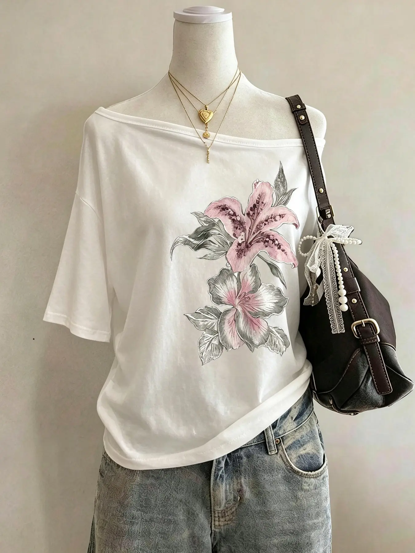 Off Shoulder Black T Shirt, Vintage Pink Lily Floral Print Short Sleeve Top, Loose Slash Neck Casual Tee, Y2K Romantic Women Blouse