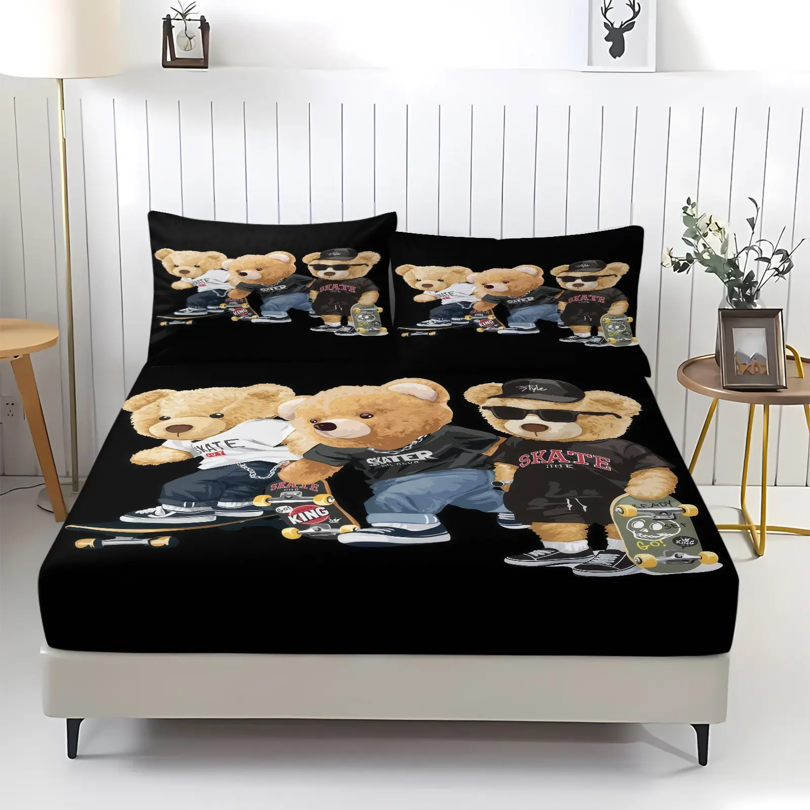 3-Piece Bear Pattern Cute Bed Sheets Fitted Sheet Set, Including 1 Flat Sheet And 2 Pillowcases, Soft And Comfortable Bedding, Non-Slip Dust Cover, Suitable For Bedroom And Guest Room