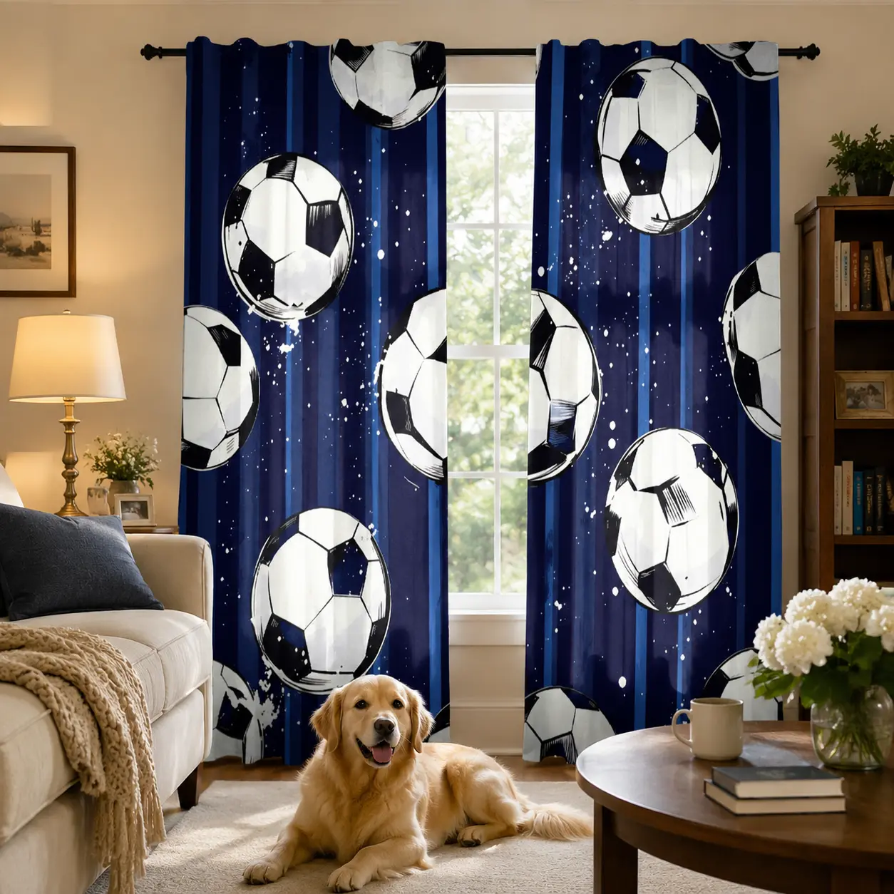 Navy Blue Semi-Sheer 2-Panel Dynamic 3D Sports Design Curtains - Fade Resistant, Breathable, Durable Flat Weave Soccer Balls Themed Drapes for Kids Bedroom, Machine Washable Traditional Window Decor