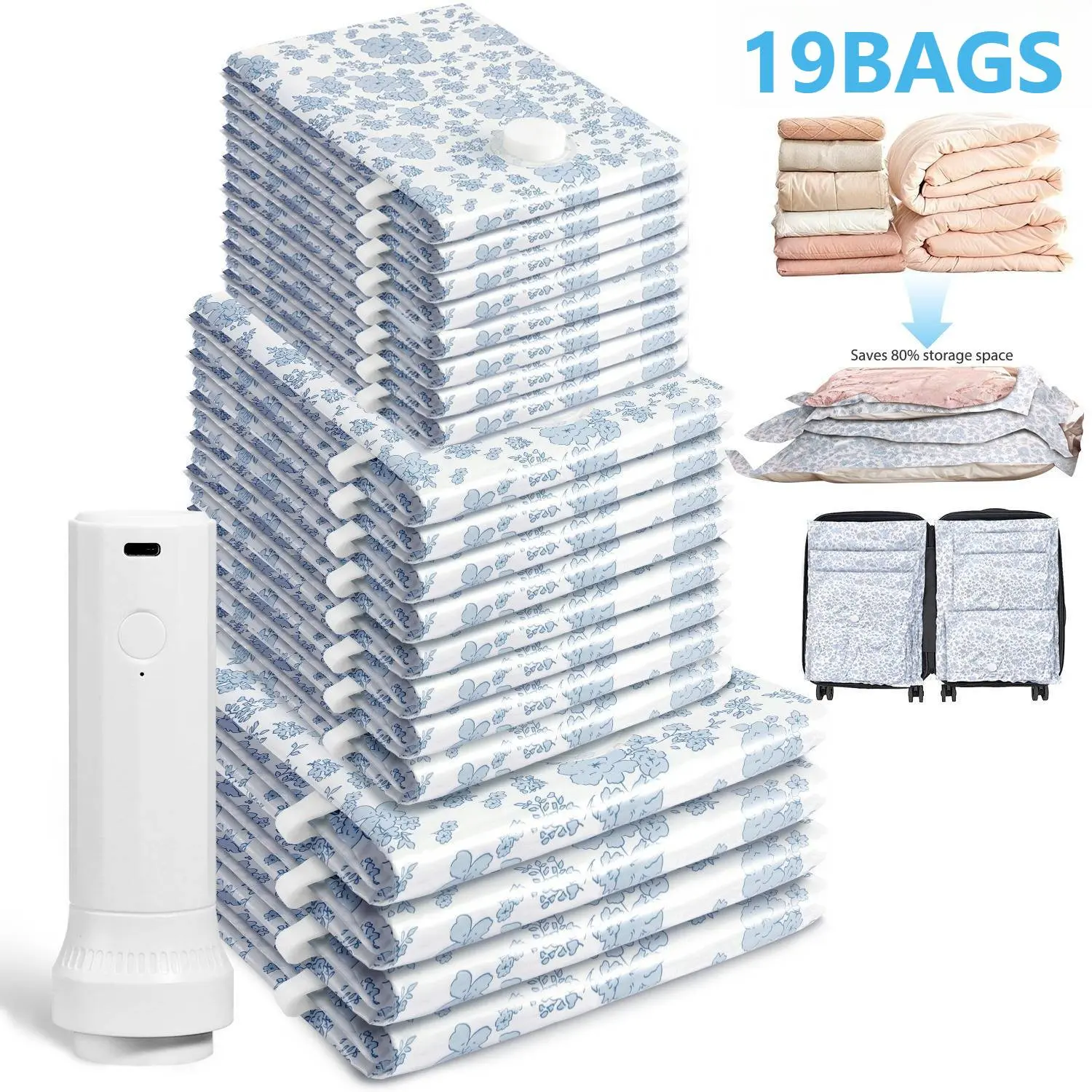 19 Pack Vacuum Seal Storage Bags (7 Small, 8 Medium, 4 Large & 1 Pump), Space Saver Compression Bags for Travel Luggage, Comforters, Blankets, Pillows, Bedding, Clothes (Blue Flower, Pink Checkerboard, Plain)
