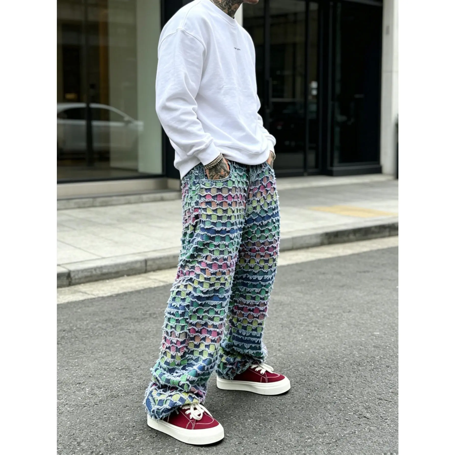 Men's 1-Piece Checked Streetwear Jeans - Retro Washed, Colorblock Plaid, Slim-Fit Straight Leg, Casual Menswear, All-Season Versatile Pants, Mens Clothing