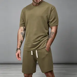 Men’s Olive Waffle Knit 2 Piece Outfit, Short Sleeve T Shirt  Shorts Set, Casual Loose Fit for Guys, Ideal for Daily Summer Streetwear,short sleeve t-shirt and shorts set
