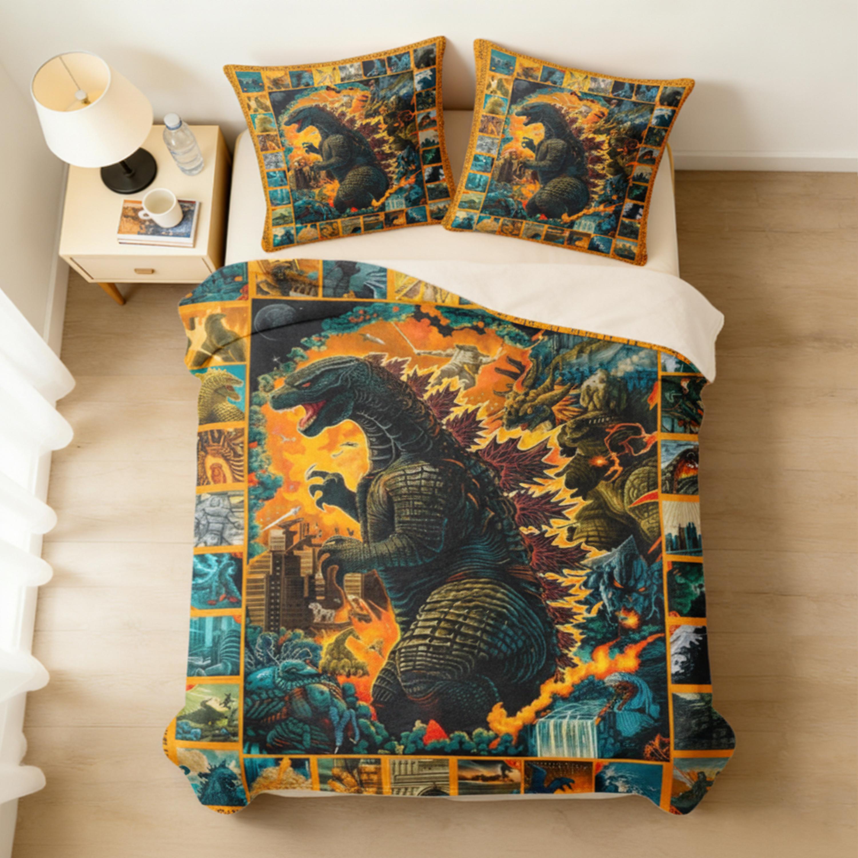 Monster Theme Viral Flannel Blanket and Throw Pillow Cover without Pillow Core Set – Home Decor Set for Monster Movie Fans,Perfect Gift for Kaiju Fans,Trendy Sci-Fi Home Decor Bundle for Bedroom