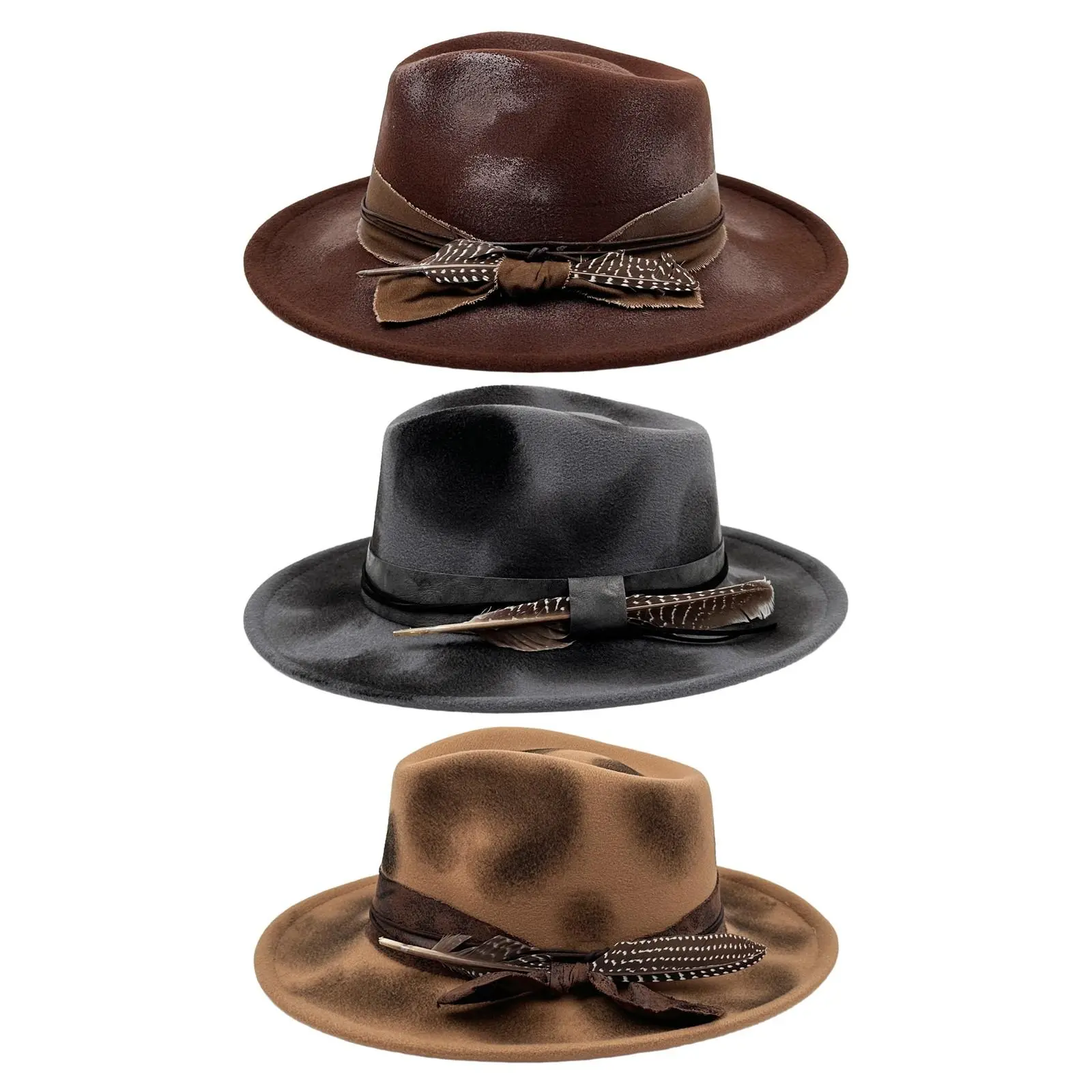 Unisex Vintage Fedora Hat, Distressed Polyester Wide Brim Boho Style with Feather Accents for Parties, One Size Fits Most