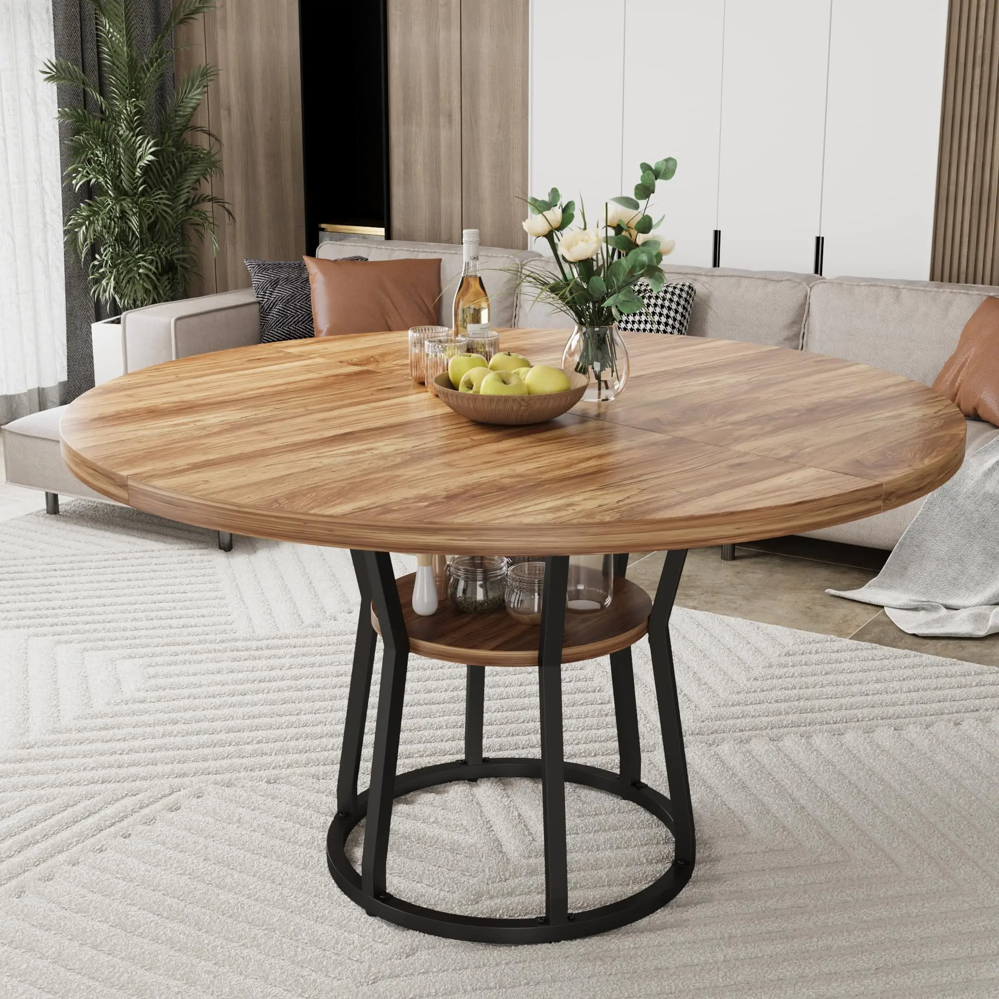 Gaomon Circular Solid Wood Look Dining Table - 47 in, Seats 4-6 People, with Storage Shelf, Heavy Duty Carbon Steel Base, Water Resistant Modern Industrial Indoor Kitchen Furniture