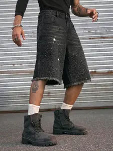 Men's Streetwear Jeans with Starry Rhinestones, Gradient Effect, Comfortable for Dates, Parties, Travel, Unisex Denim Shorts