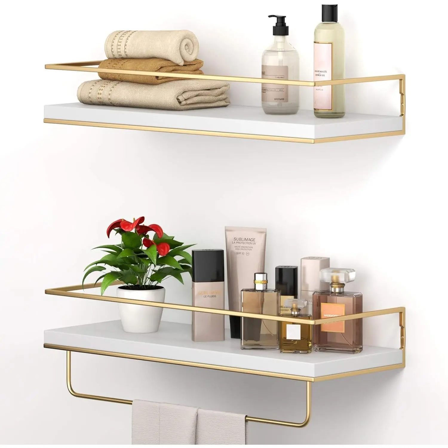 White Floating Shelves - Set of 2, Wall Mounted  Shelves with Golden Towel Rack, Decorative Storage Shelves for Bathroom, Kitchen, Living Room & Bedroom (White , 15.7 Inches) |  Shelves