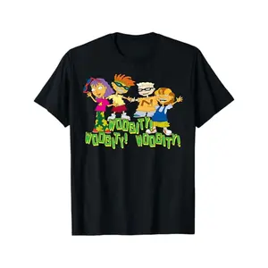 Upgrade your casual wardrobe with this Rocket Power Woogity Four Main Kids Group Short Sleeve Crew Neck Pullover Tops, Classic 90s Nickelodeon Cartoon Character + Graffiti Style Woogity Text Print Regular Fit Knit Tees With Skin Friendly Slight Stretch No