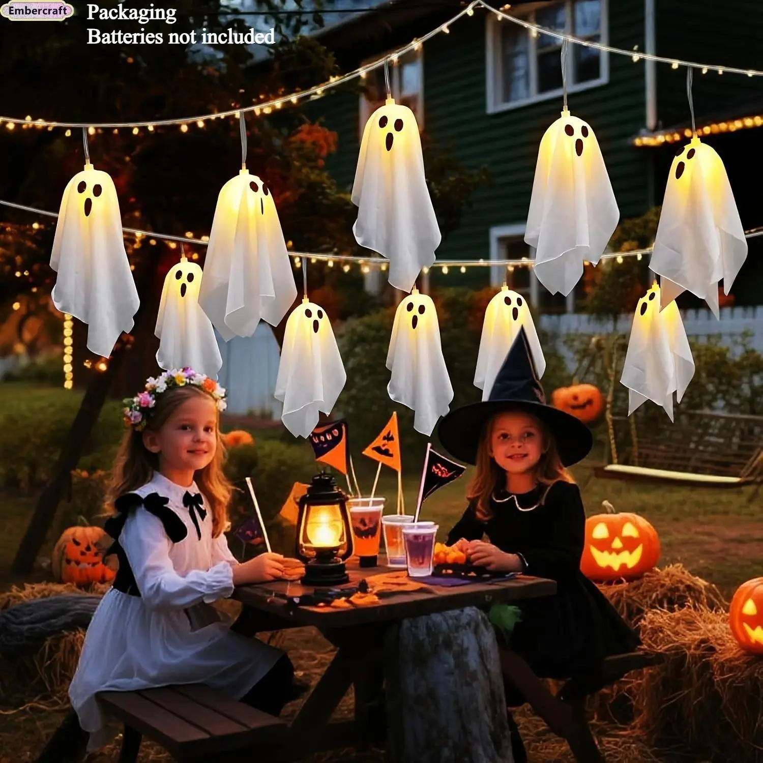 Spooky Ghost String Lights, 10 LED Indoor Outdoor Hanging Decoration with Remote Control, Battery Operated for Halloween Party, Ornaments