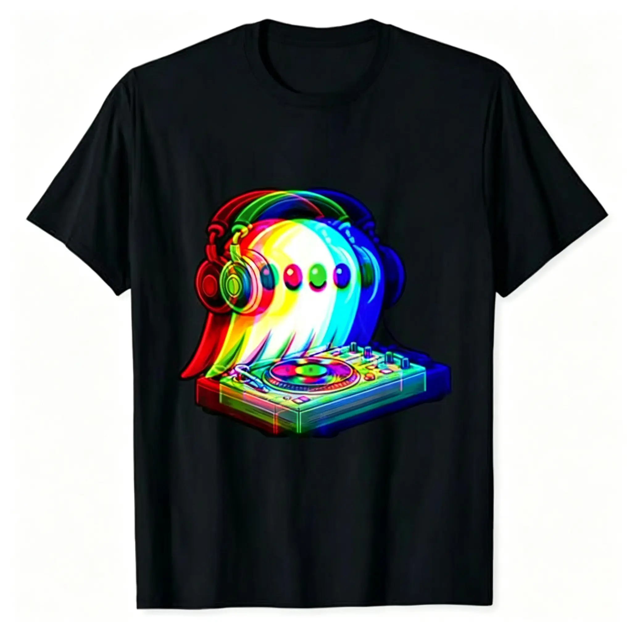 Funny Ghost DJ Optical Illusion Graphic Print T Shirt Mens Womens House Music EDM Rave Halloween Top Casual Short Sleeve Classic Fit Trendy Apparel Clothing