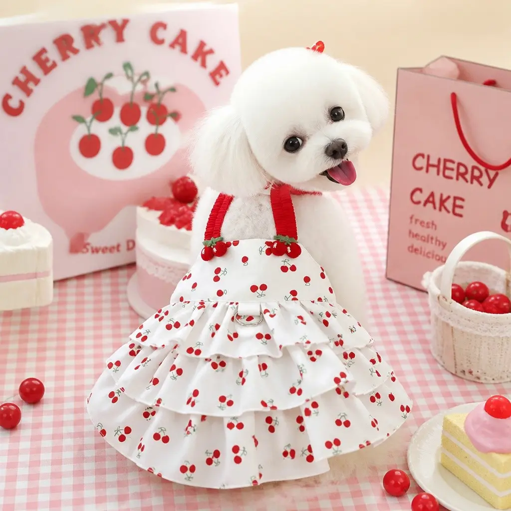 1pcs Cherry Print Pet Layered Cake Dress with Traction D-ring, Red Elastic Ruched Straps & 3D Pom Pom Cherry Decor, Sweet Ruffle Tier Skirt Cute Puppy Outfit Puppy Clothes for Small Dogs Cats Summer Walking