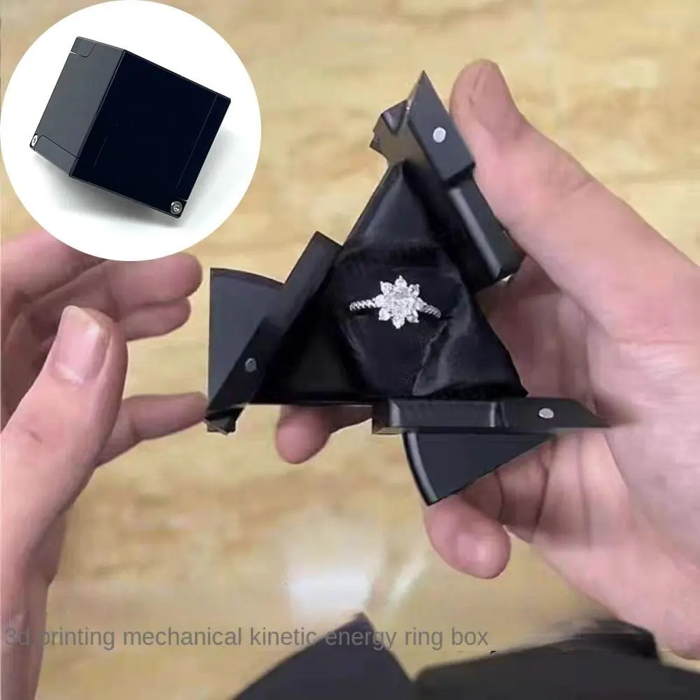 5x5x5 cm Black Plastic Kinetic Energy Ring Holder - Rotating Mechanical Deformation Jewelry Storage Display, Creative Proposal Cube for Home Decor