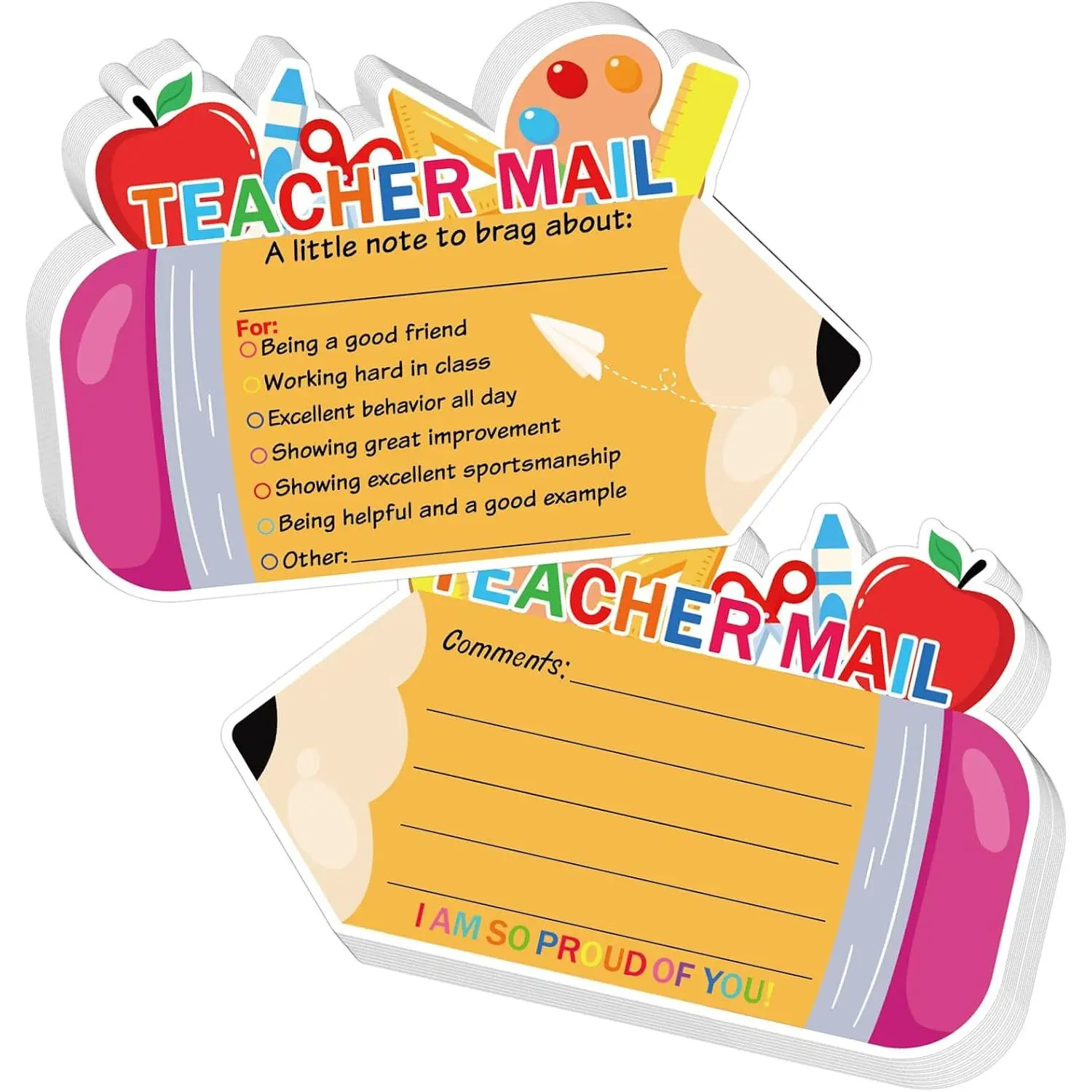 50 Pcs Pre-Printed Motivational Teacher Mail Notes - Behavior Incentive Cards for Elementary 1st-2nd Grade Teacher Classroom Supplies (Pencil Design)