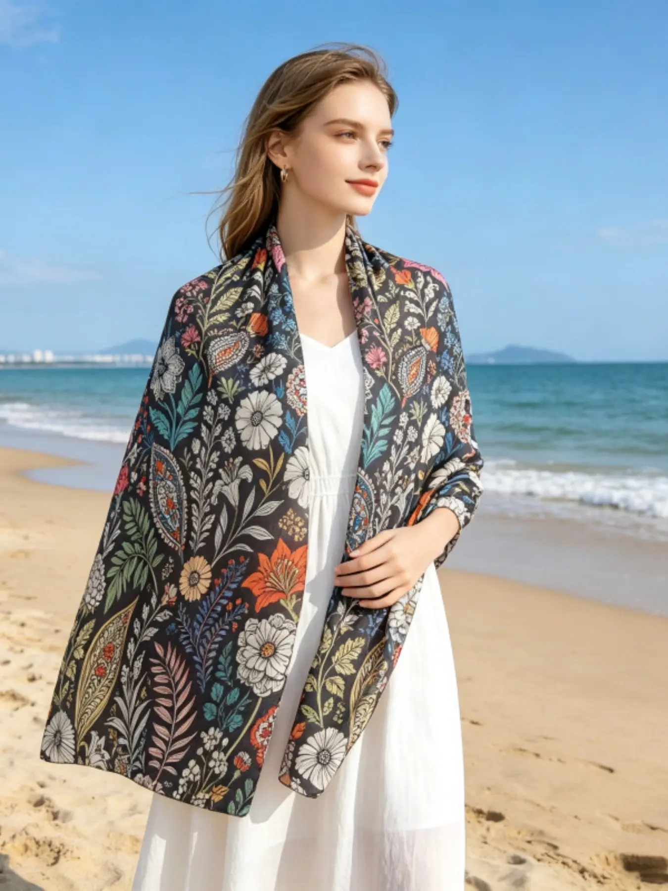 High-Quality 100% Viscose Geometric Print Scarf, Elegant Loose-Fit Shawl for All Seasons, Warm and Stylish Ethnic Wind Wrap