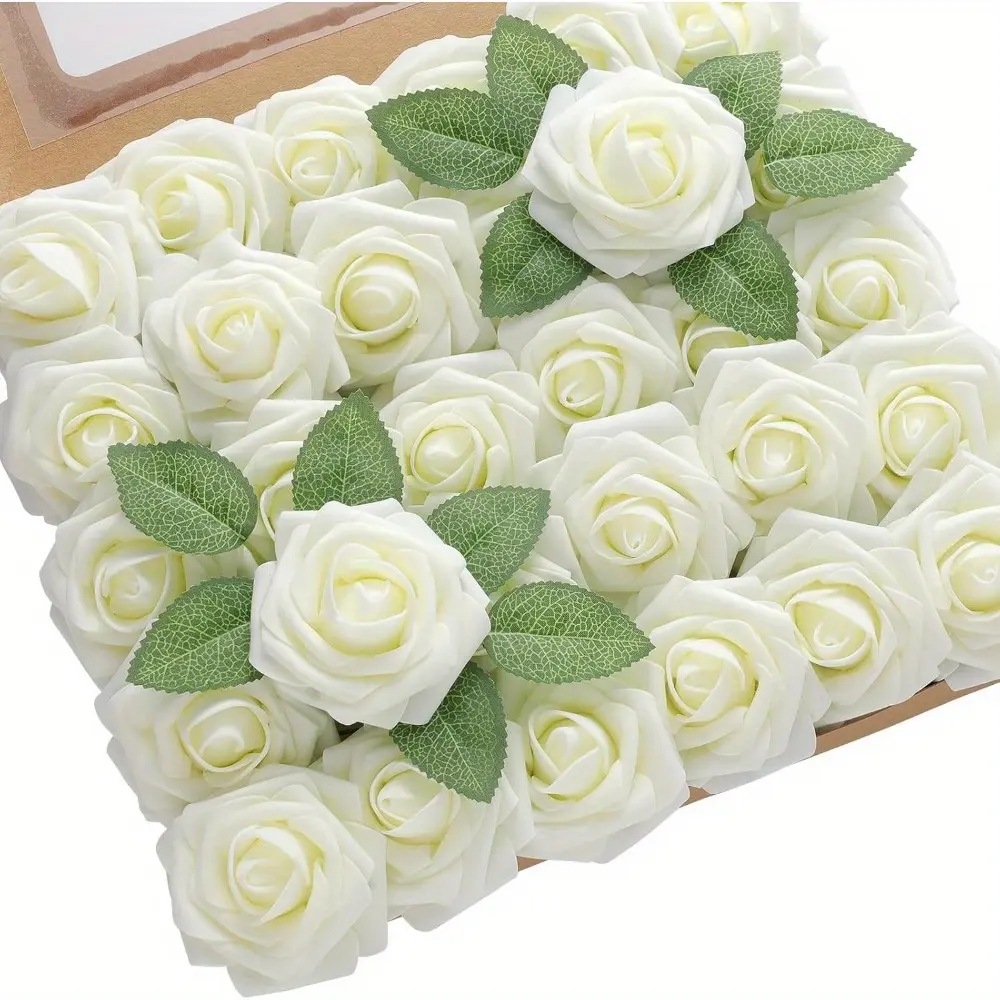 50pcs/set Realistic Stemmed Foam Roses, 25 Artificial Roses and 25 Leaves, for Wedding Bouquets, Bridal Gifts, Party Table Decorations, Valentine'S Day, Mother'S Day, Halloween, Christmas