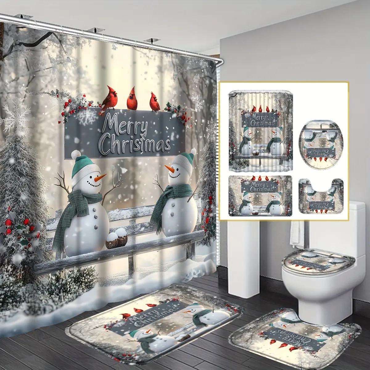 4-Piece Merry Christmas Shower Curtain Set, Christmas Gift Bathroom Set with Shower Curtain and Carpet, Bathroom Decoration Carpet Toilet Cover and Non-Slip U-Mat, Bathroom Christmas Decoration