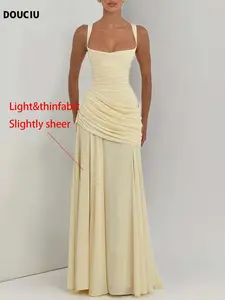 DOUCIU Spring Summer Thin Plain Semi-Transparent Long Dress, Elegant Pleated Chiffon A-Line Dress, Cross Back Maid Dress, Wedding Guest Evening Party Formal Dress