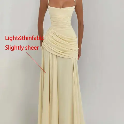 DOUCIU Spring Summer Thin Plain Semi-Transparent Long Dress Gowns, Elegant Pleated Chiffon A-Line Dress, Cross Back Maid Dress, Wedding Guest Evening Party Formal Dress, A Line Dresses