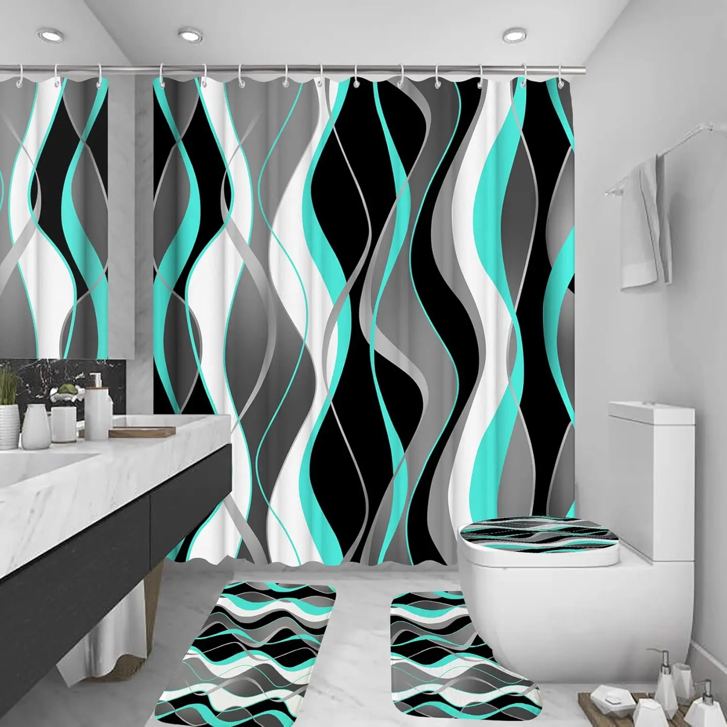 Flannel 4-Pc Turquoise Bathroom Decor Set, 72x72 Inch Waterproof Fabric Shower Curtain with 12 Hooks, Non-Slip Rug, Toilet Lid Cover & Bath Mat (Black & Gray)