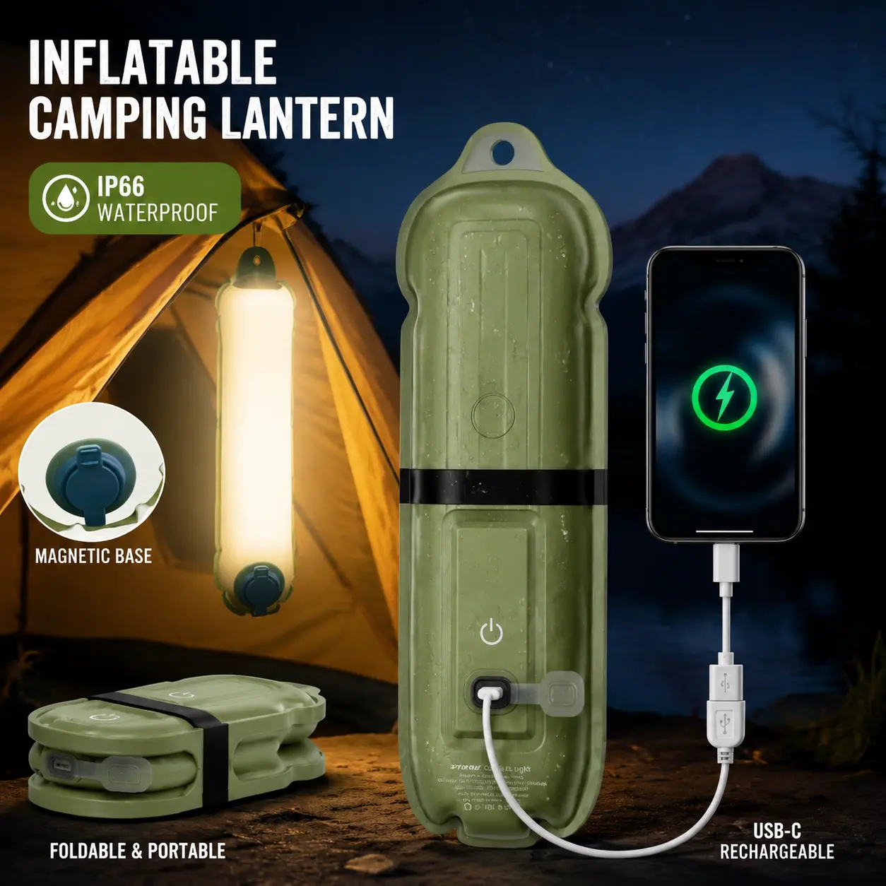 Inflatable Camping Lantern 11.8" Magnetic Hanging LED Tube Light IP66 Waterproof Foldable TPU Tent Light with USB-C Rechargeable for Outdoor Hiking Travelling Emergency Hurricane