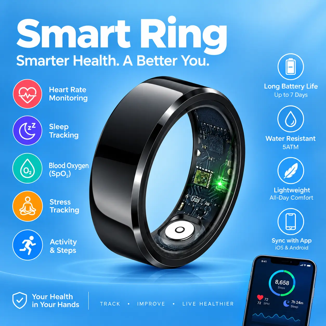 Smart Wearable R6 Smart Ring - IP68 Waterproof Fitness Tracker with Sleep Monitoring, Pedometer, Heart Rate & Blood Oxygen Monitor, Bluetooth Remote Camera for Android/iOS