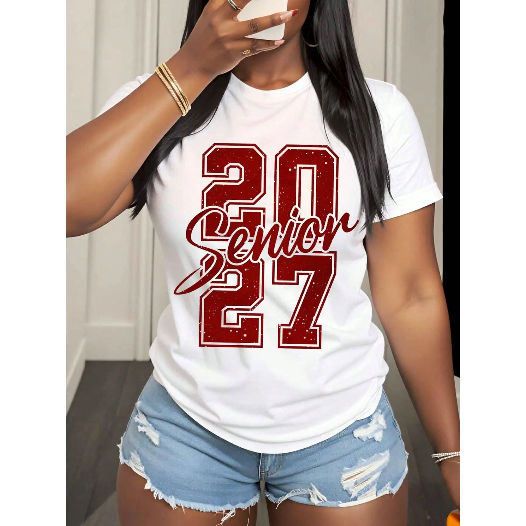 Senior 2027 Class Graduation T-Shirt White Red Design Women's Casual Top College Party Wear Summer Outfit,220g